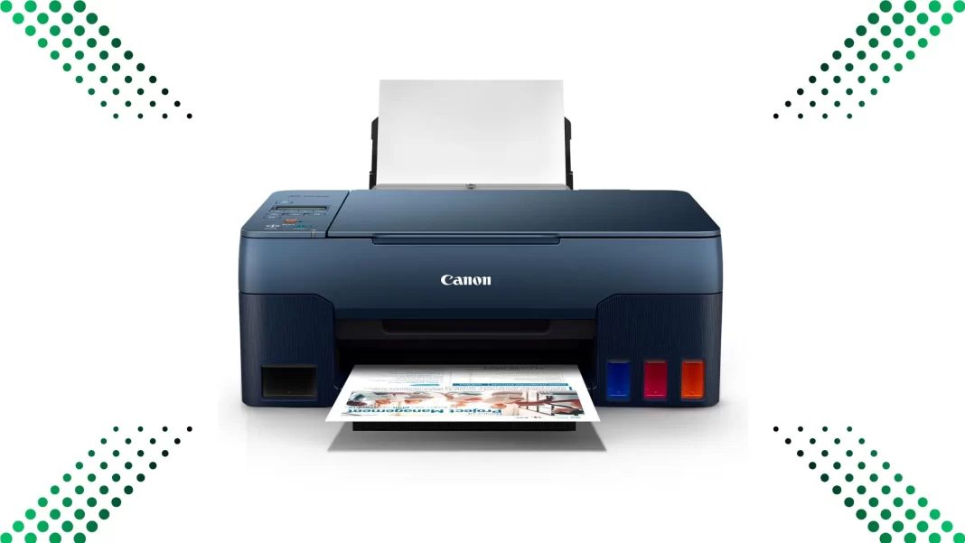 Canon PIXMA G2020 ink tank printer front view with refillable ink bottles