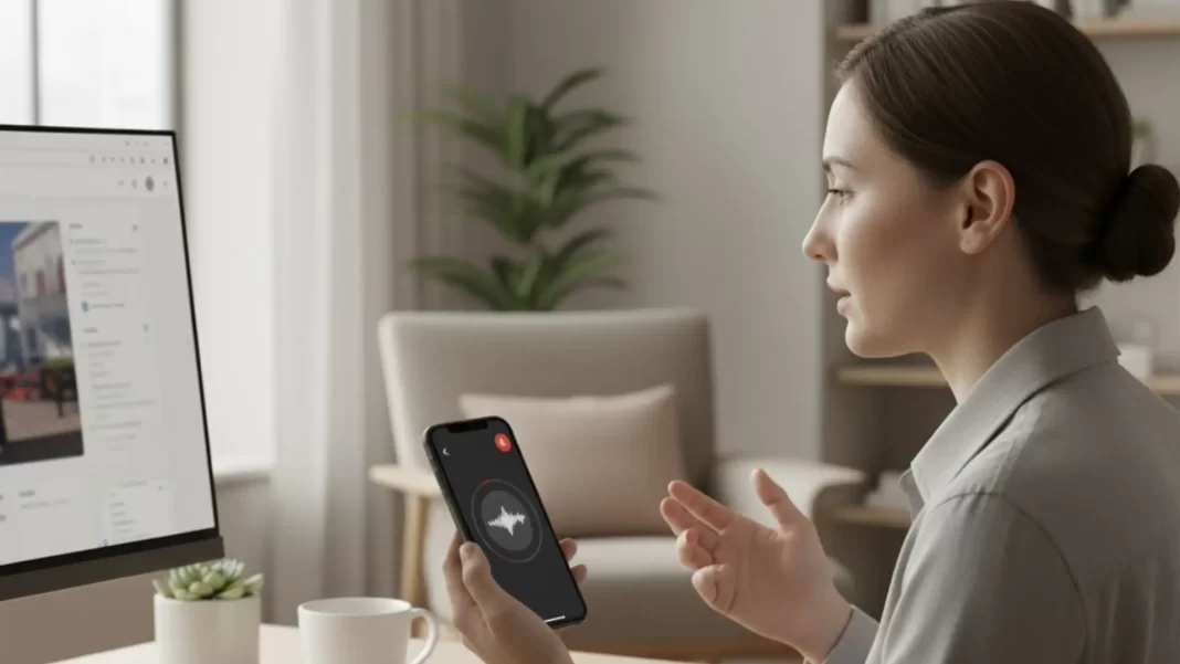 Person using ChatGPT Voice on iPhone; headphones icon visible; quiet desk setup