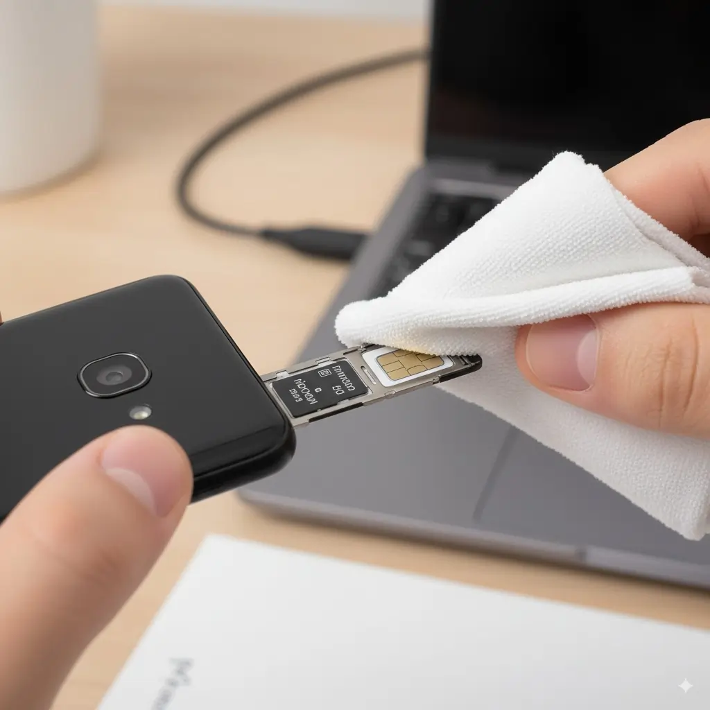 Cleaning SIM contacts with lint-free cloth