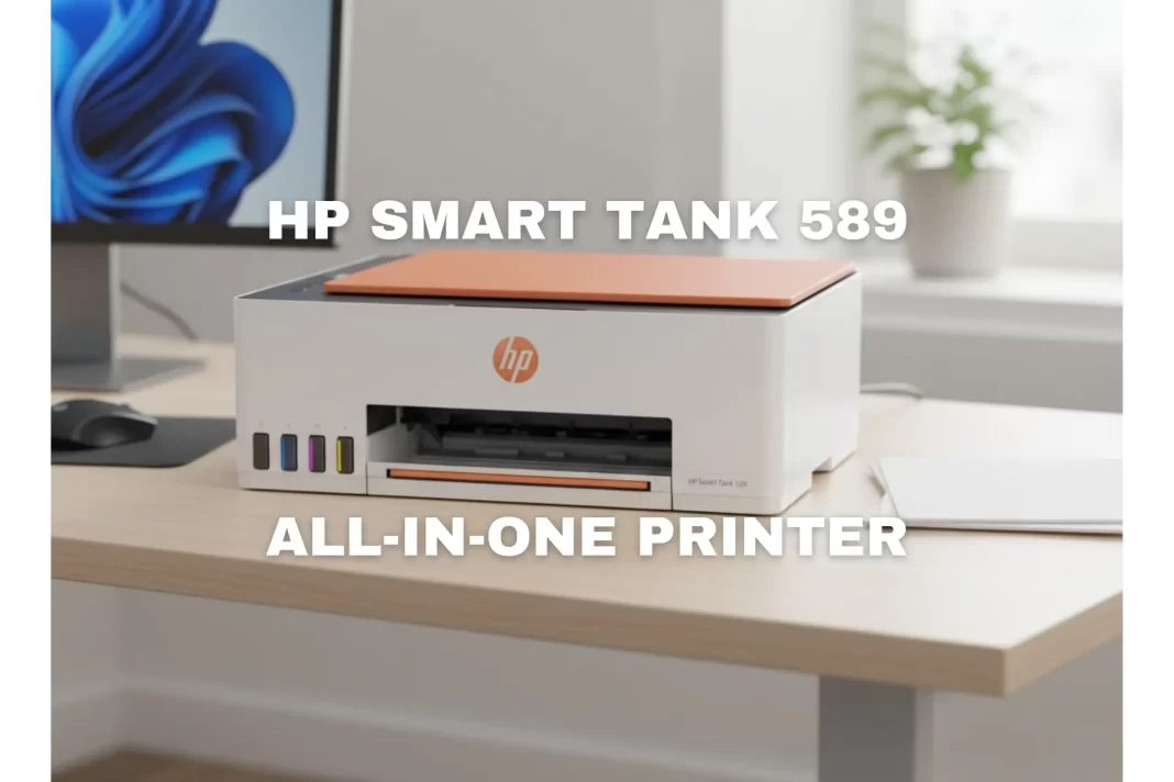 HP Smart Tank 589 on a home desk in India refillable ink tanks visible