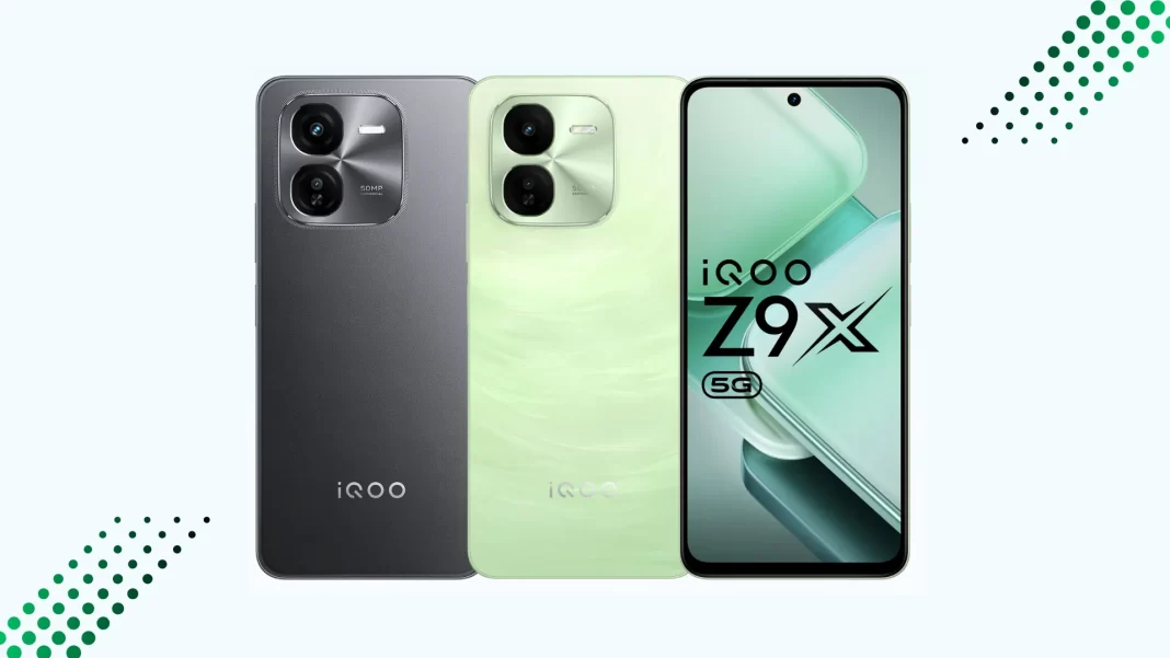 QOO Z9x 5G front and back design in Tornado Green with 120Hz display and 6000mAh battery