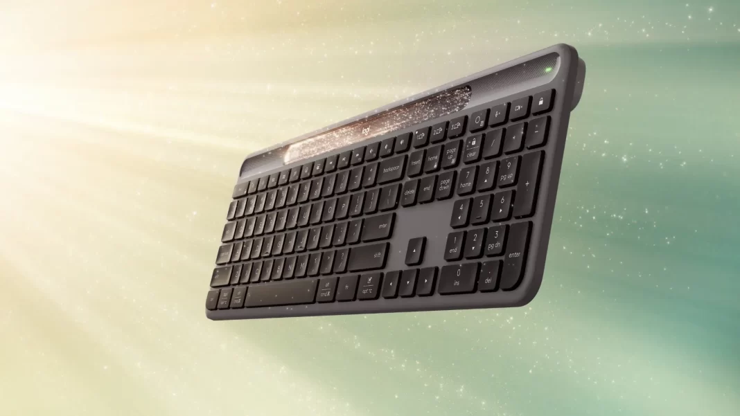 Logitech Signature Slim Solar+ K980 solar keyboard with AI key and solar strip, studio photo