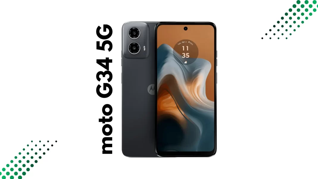 moto G34 5G front and back, showing 6.5-inch 120Hz HD+ display and dual rear cameras