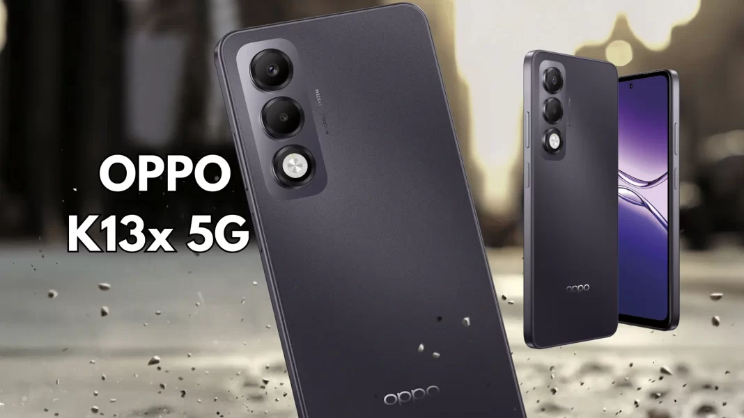 OPPO K13x 5G in Midnight Violet showing 120Hz display, IP65 rating and 6000mAh battery