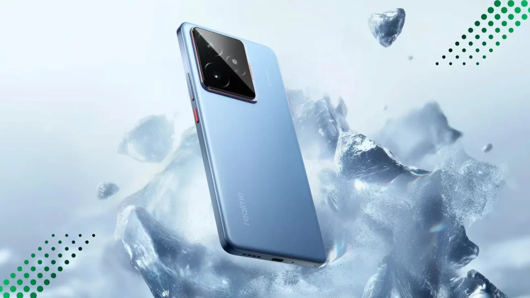 realme GT 7 in Icesense Blue showing 6.78-inch 1.5K 120Hz display and triple rear cameras