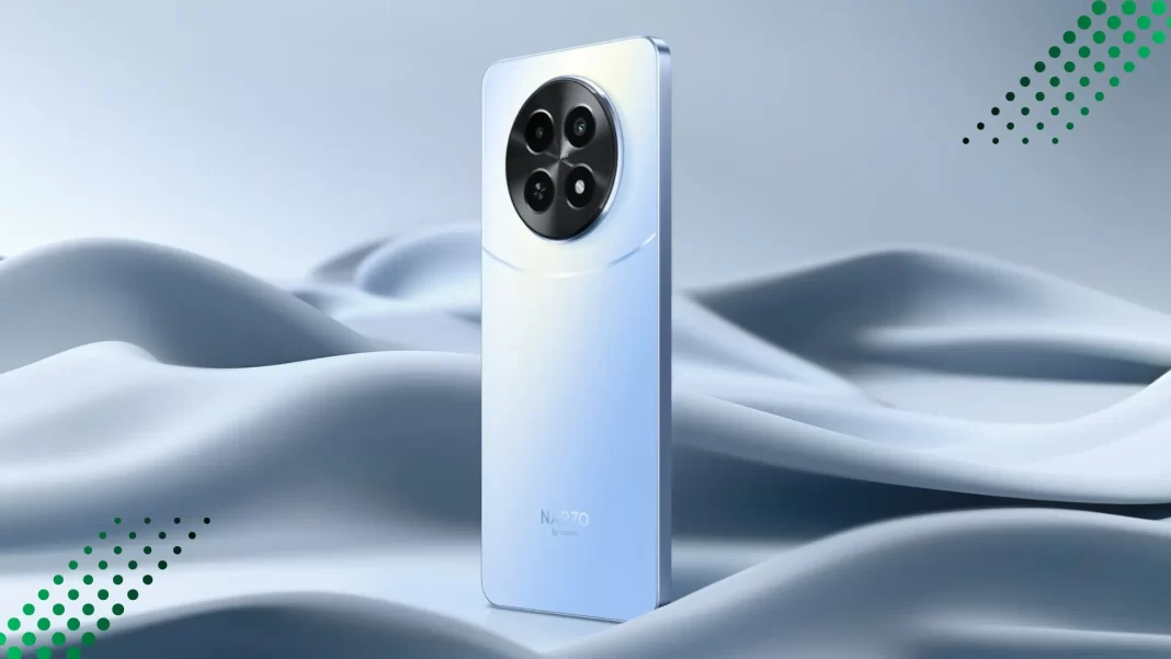 realme Narzo 70x 5G in Ice Blue showing Horizon design, dual cameras