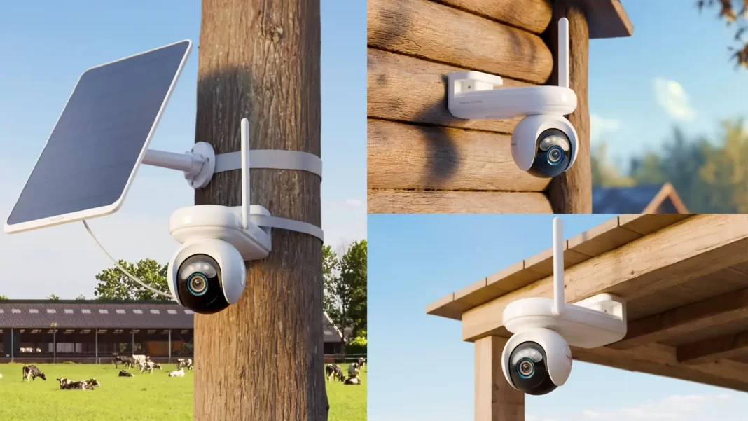 Reolink Altas Go PT on pole with LTE antenna and solar panel