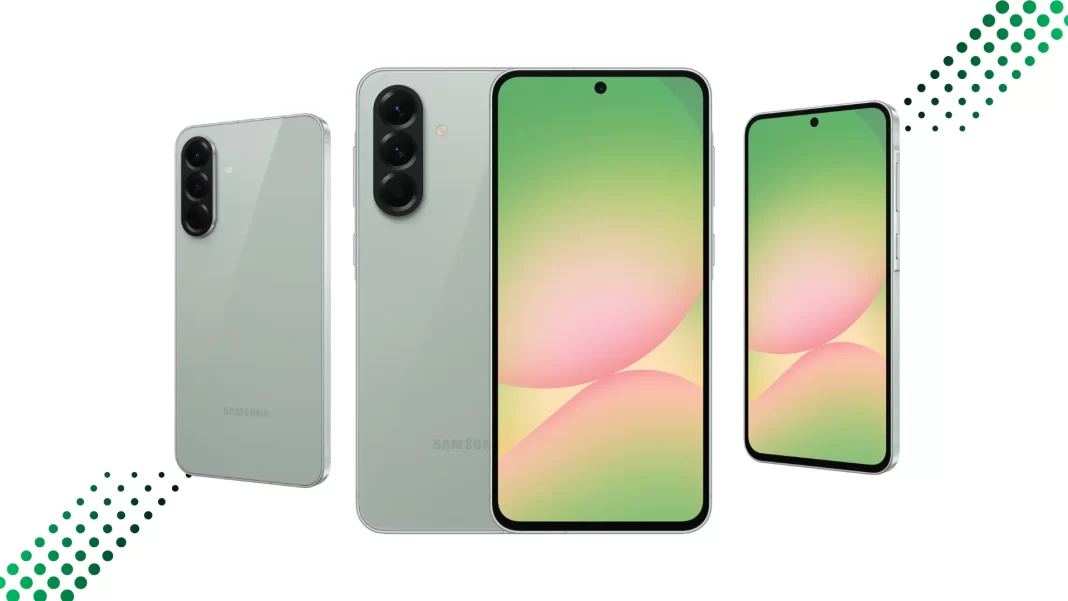 Samsung Galaxy A56 5G shown front and back in Light Gray, 6.7-inch AMOLED display with triple rear cameras