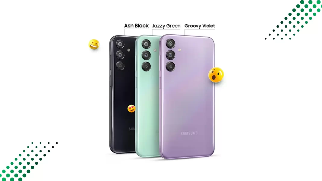 Samsung Galaxy F15 5G front and back showing AMOLED display and triple camera