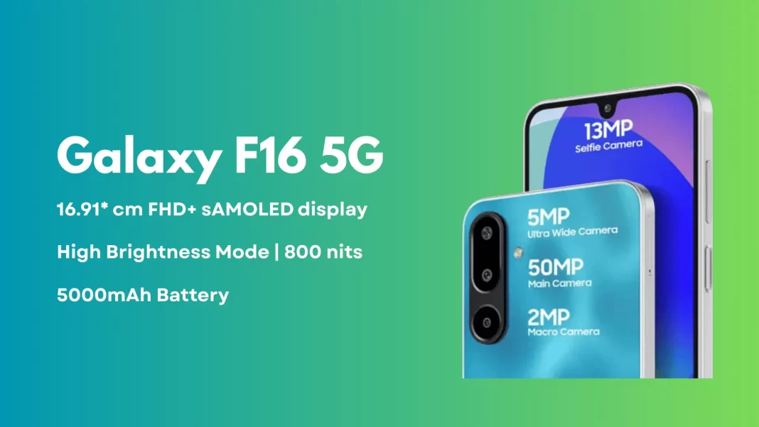 Samsung Galaxy F16 5G in Vibing Blue, front and back, 6.7-inch Super AMOLED 90Hz display