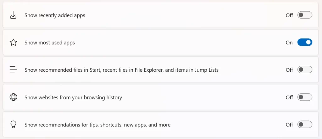 Start menu recommendation toggles in Windows 11 settings