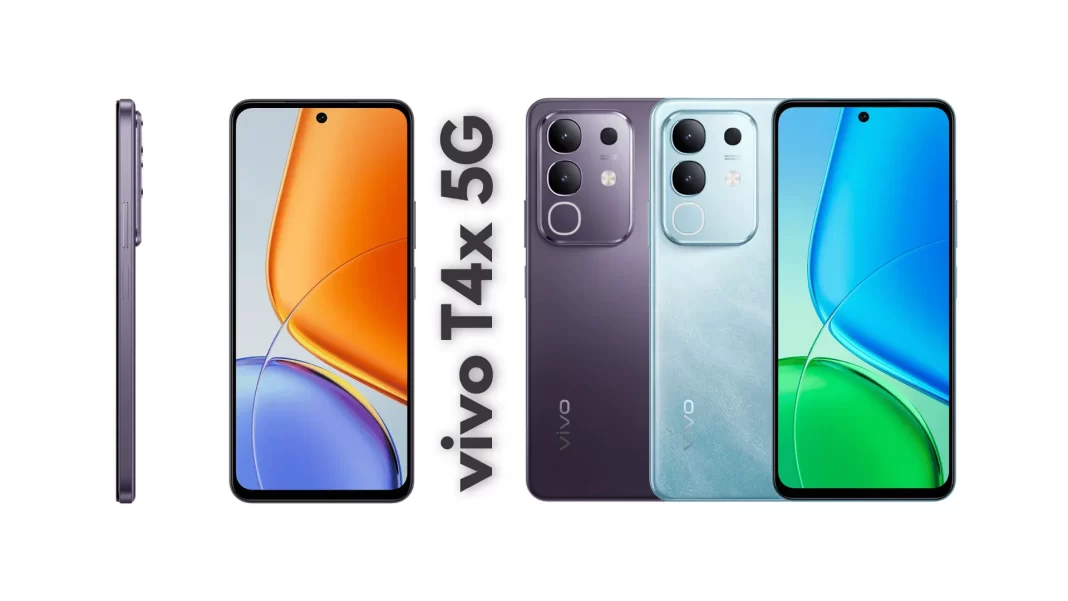 Front and back of the vivo T4x 5G in purple on a white background showing the 120Hz display and dual rear camera