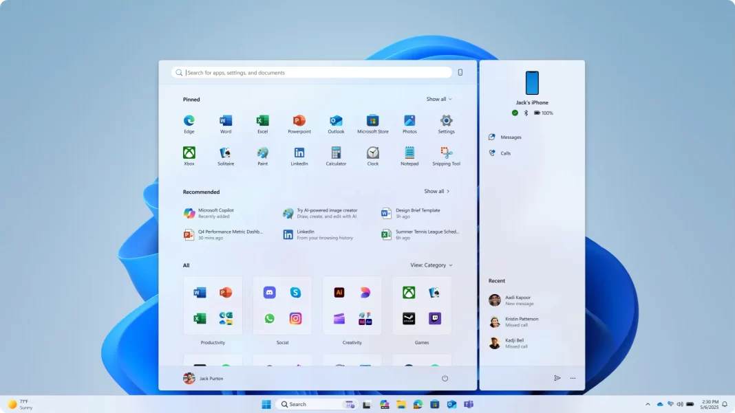 Windows 11 Start Menu unified with grid icons