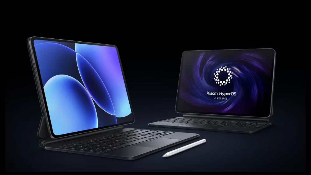 Xiaomi Pad 8 and Pad 8 Pro with detachable keyboards and stylus running HyperOS