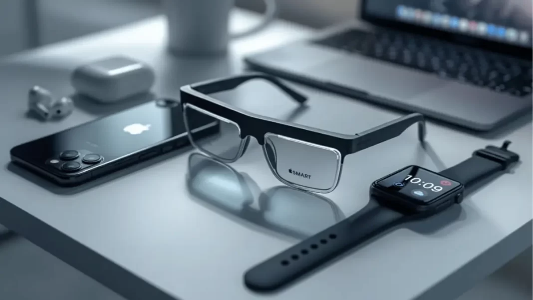 Concept render of Apple smart glasses alongside an iPhone