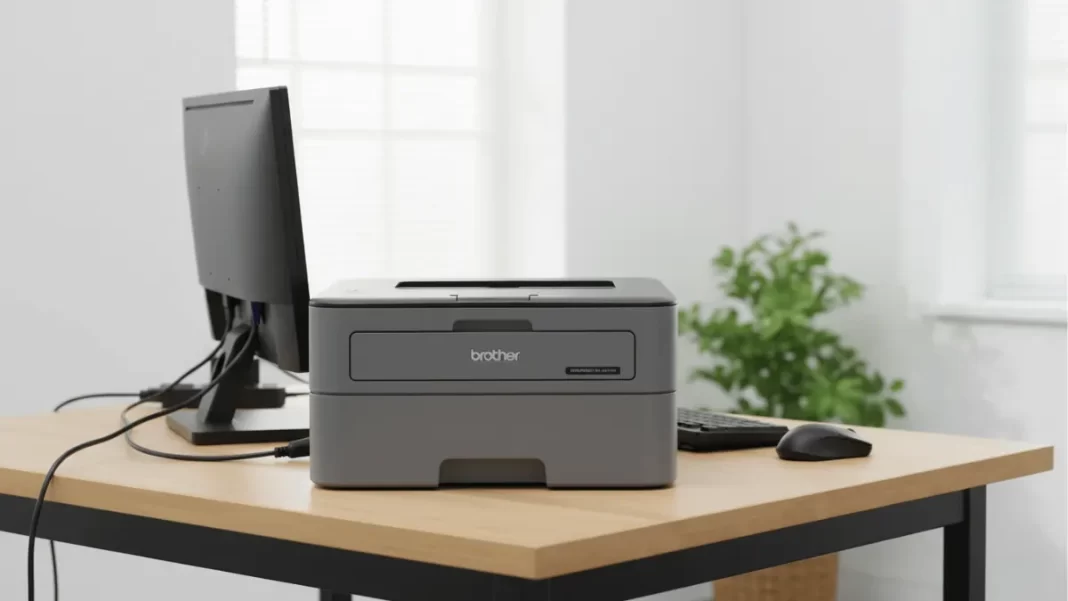 Brother HL-L2321D mono laser printer, front view, automatic duplex, USB only, A4, 30 ppm