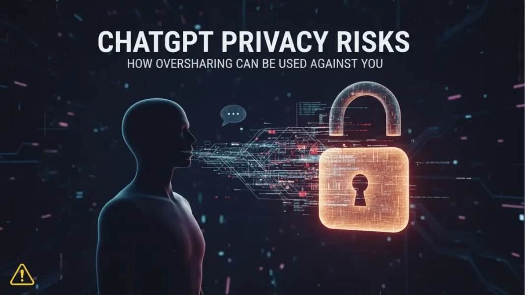 ChatGPT chat window with a lock and redaction bars, showing how oversharing can expose personal data and what settings reduce that risk