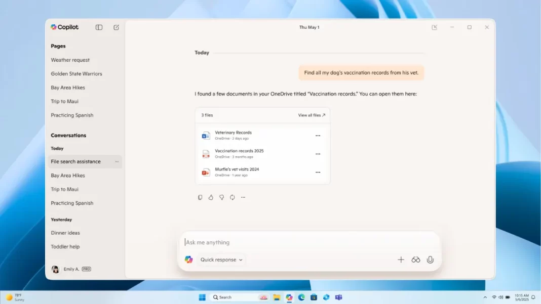 Copilot for Windows — Connectors panel with Gmail toggled on