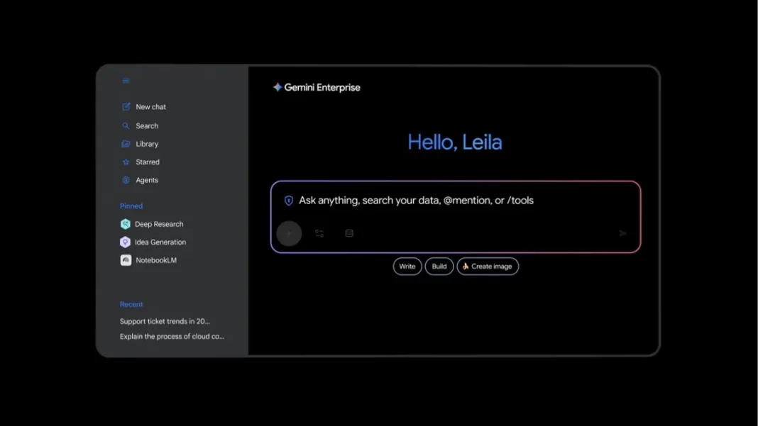 Gemini Enterprise agent workspace with prebuilt and custom agents