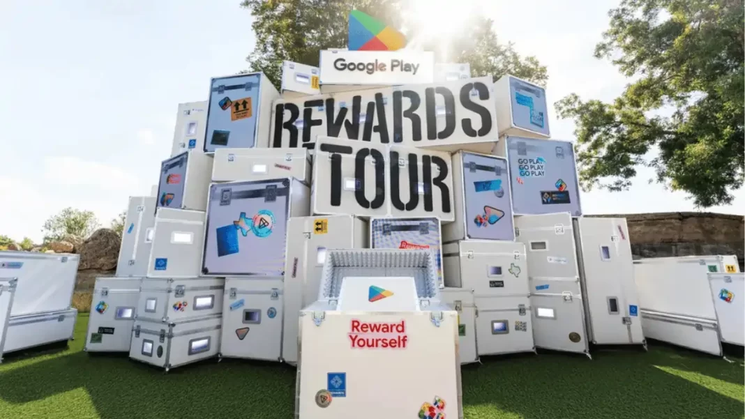Google Play Rewards Tour tower at ACL 2025 with road-case stack