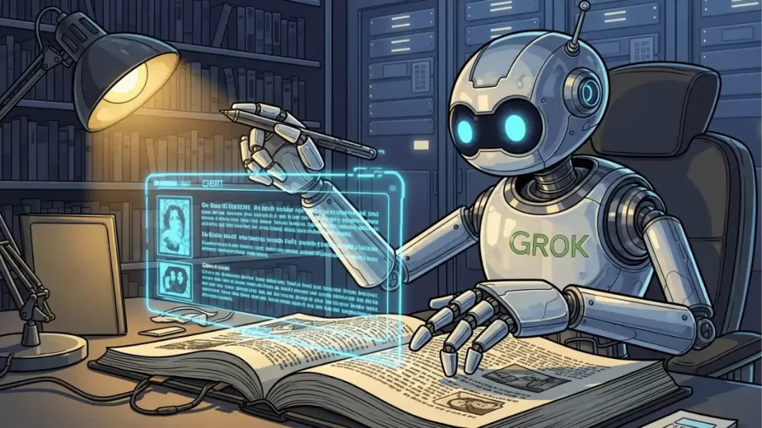 Illustration of Grok robot editing an encyclopedia page