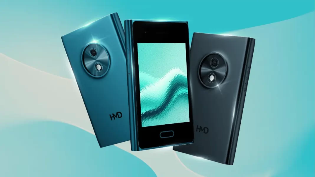 HMD Touch 4G tiny touchscreen hybrid in Cyan, front and back.