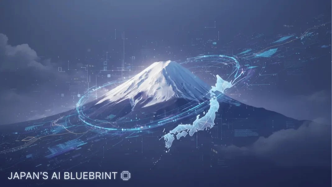 Mount Fuji with abstract data lines, representing Japan’s AI blueprint