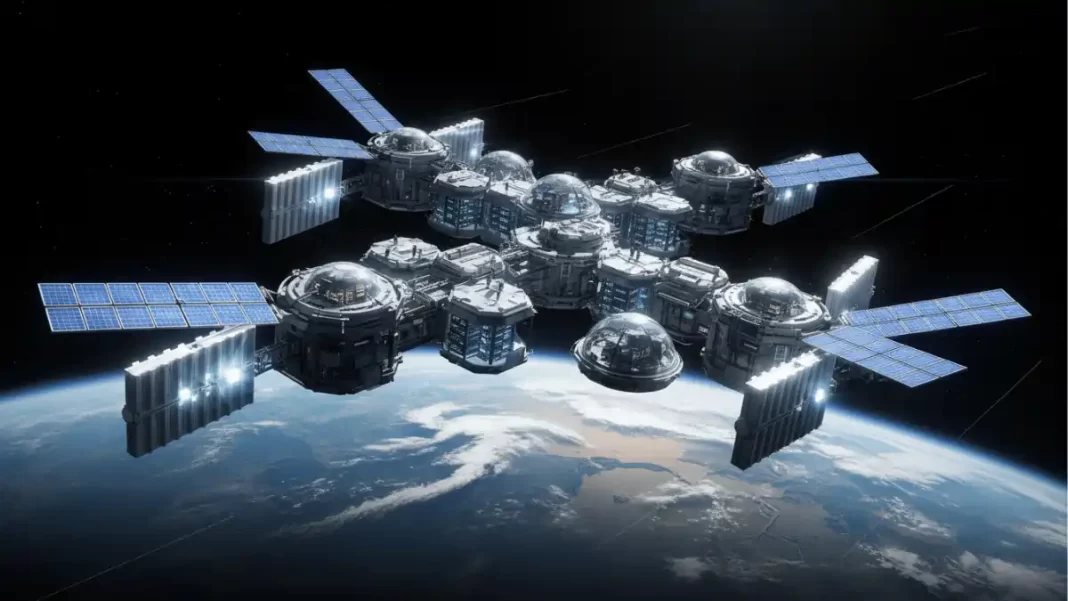Concept art of a modular space data center with solar arrays and radiators