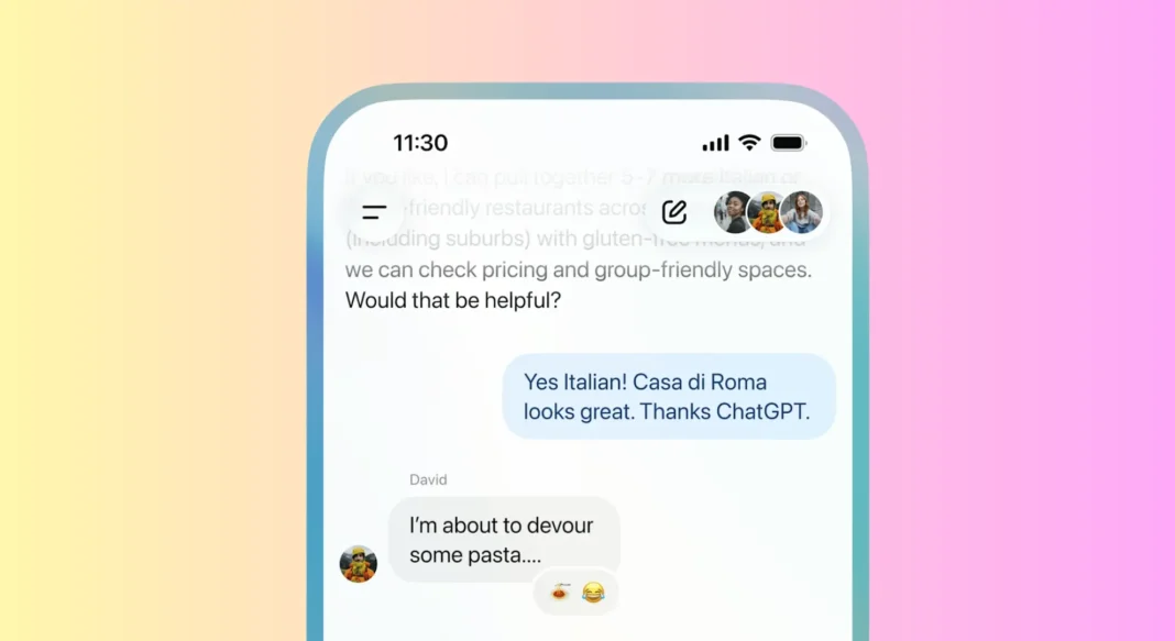 ChatGPT group chat interface showing multiple users collaborating in a single conversation with AI-generated suggestions and member avatars visible at the top
