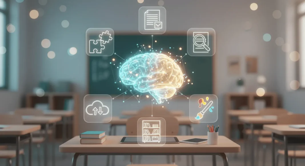 Infographic showing five key ChatGPT for Teachers features: personalized memory, file analysis, DALL-E image generation, workspace integration, and prompt library