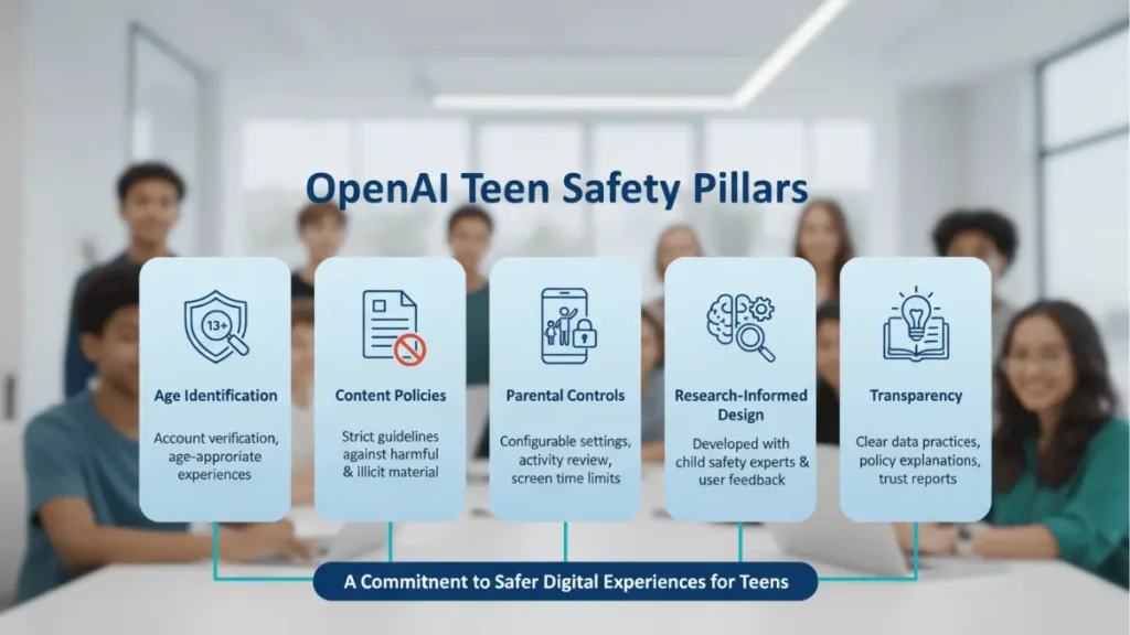 Infographic explaining OpenAI's five teen safety pillars: age identification, content policies, parental controls, research-informed design, and transparency