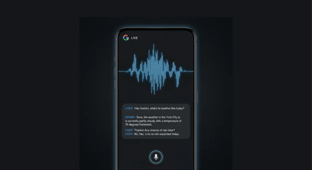 Smartphone screen showing Gemini Live interface with voice waveform animation and conversation transcript on dark background
