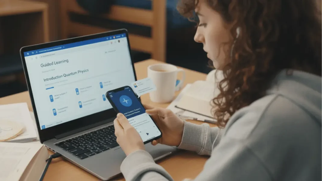 Student using Google Gemini AI learning tools on laptop and smartphone showing Guided Learning interface and NotebookLM audio overview features