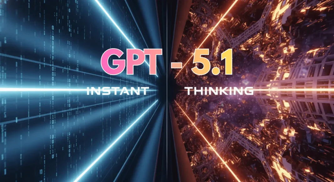 GPT-5.1 Instant and Thinking mode side-by-side comparison showing speed-focused conversational interface versus deep reasoning analysis interface with extended processing indicators