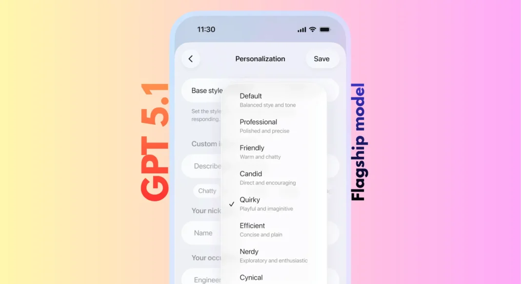 OpenAI GPT-5.1 ChatGPT interface showing warmer conversational response with new personality settings sidebar
