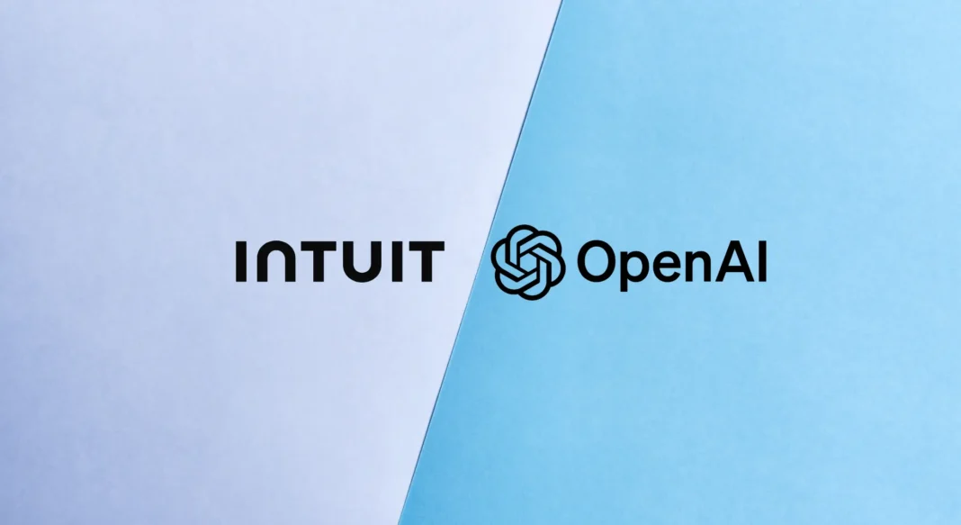 OpenAI and Intuit partnership announcement featuring ChatGPT integration with TurboTax QuickBooks Credit Karma logos on gradient tech background