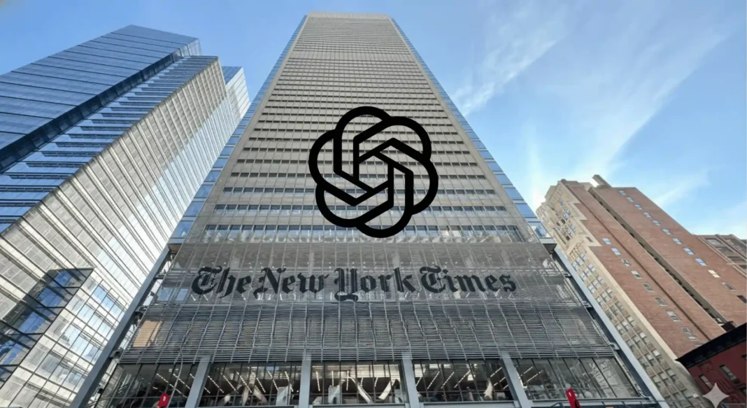 OpenAI logo and New York Times building composite showing privacy lawsuit over 20 million ChatGPT user conversations in 2025
