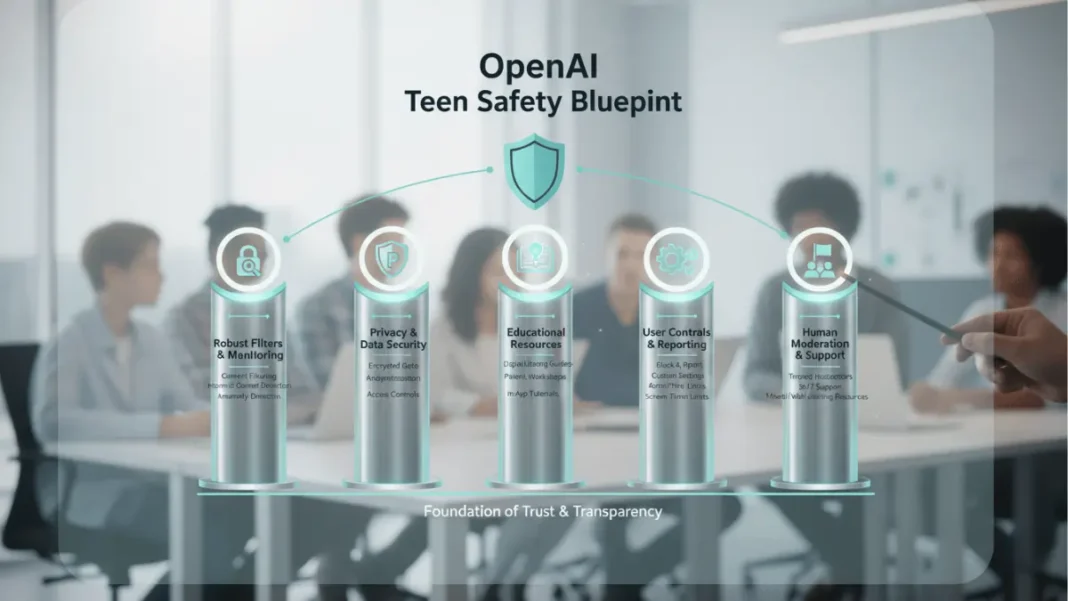 OpenAI Teen Safety Blueprint framework diagram showing five pillars of protection for teenage ChatGPT users