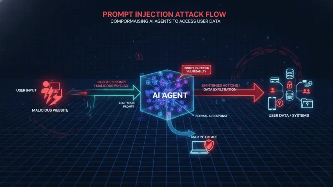 Diagram showing how prompt injection attack flows from malicious website through AI agent to user data