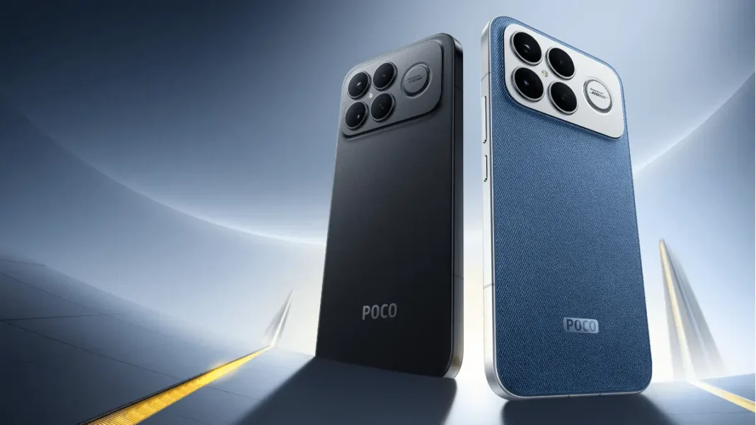 Xiaomi Poco F8 Ultra in Denim Blue showing triple 50MP camera setup and premium design