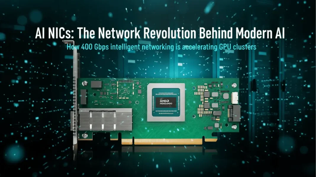 AI NIC AMD Pensando network card with hero text overlay showing 400 Gbps intelligent networking for GPU clusters and data center background