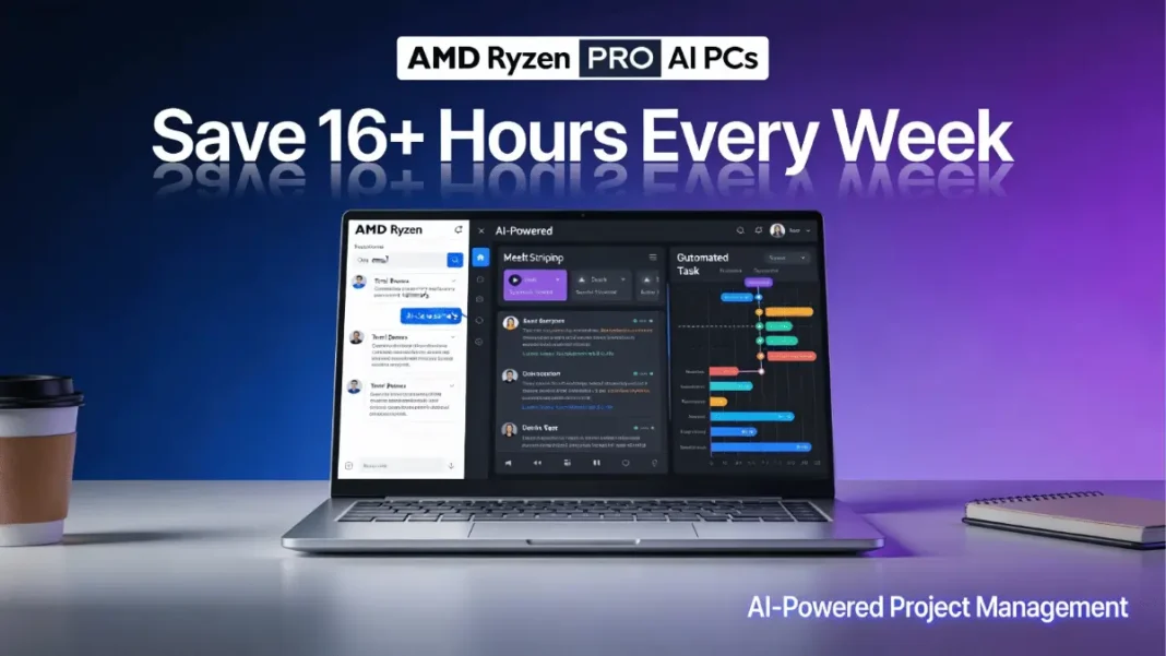 AMD Ryzen PRO AI PC with productivity dashboard showing email summarization, meeting transcription, and Gantt chart generation in action