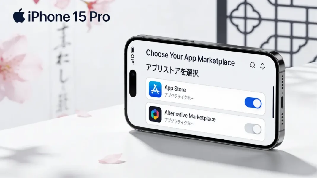 iPhone displaying iOS 26.2 alternative app marketplace choice screen in Japan with App Store and third-party marketplace options
