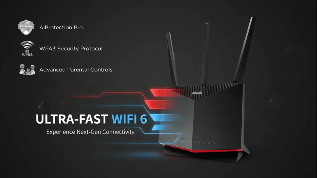 ASUS RT-AX86U gaming router front view showing vertical tower design with three external antennas