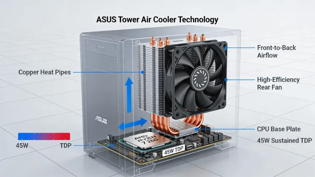 ASUS Tower Air Cooler thermal design with copper heat pipes and optimized airflow diagram