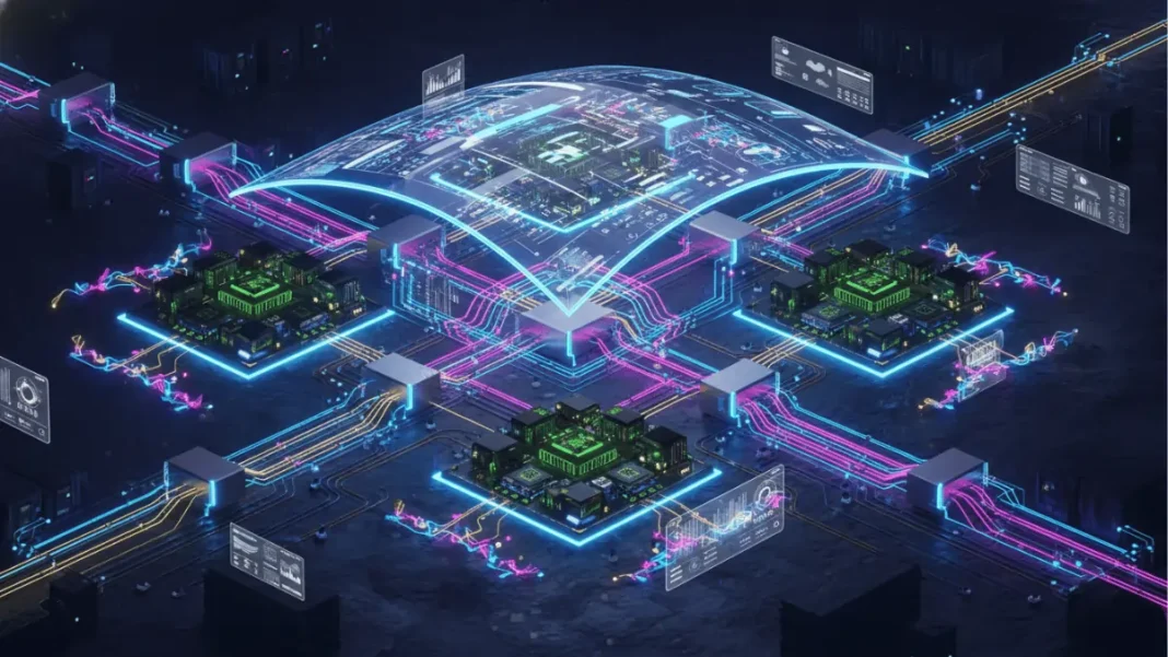 Cisco Nexus Hyperfabric architecture showing spine-leaf topology with GPU clusters, VXLAN EVPN overlay, and Unified Nexus Dashboard management