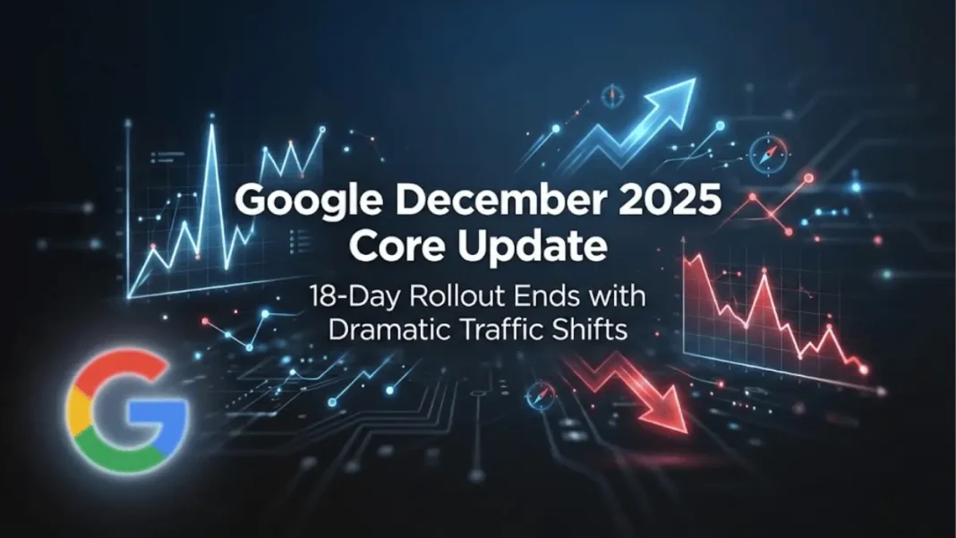 Google December 2025 core algorithm update rollout timeline showing 18-day volatility pattern