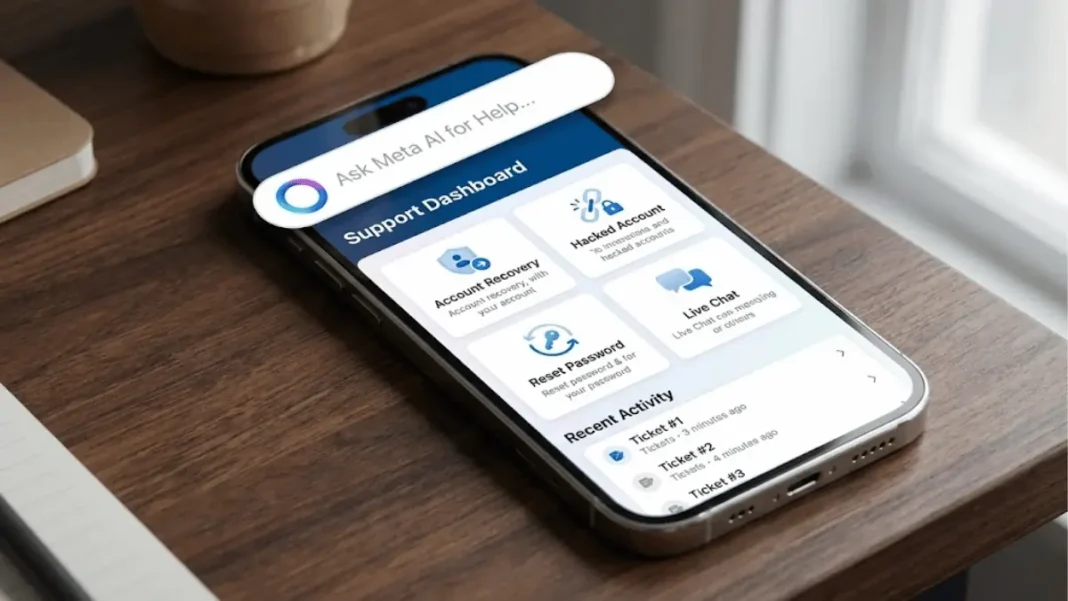 Screenshot of Meta's new centralized support hub interface showing AI-powered search and account recovery options on Facebook mobile app
