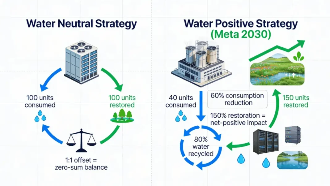 Infographic showing the difference between water neutral and water positive data center strategies with consumption percentages and restoration project examples