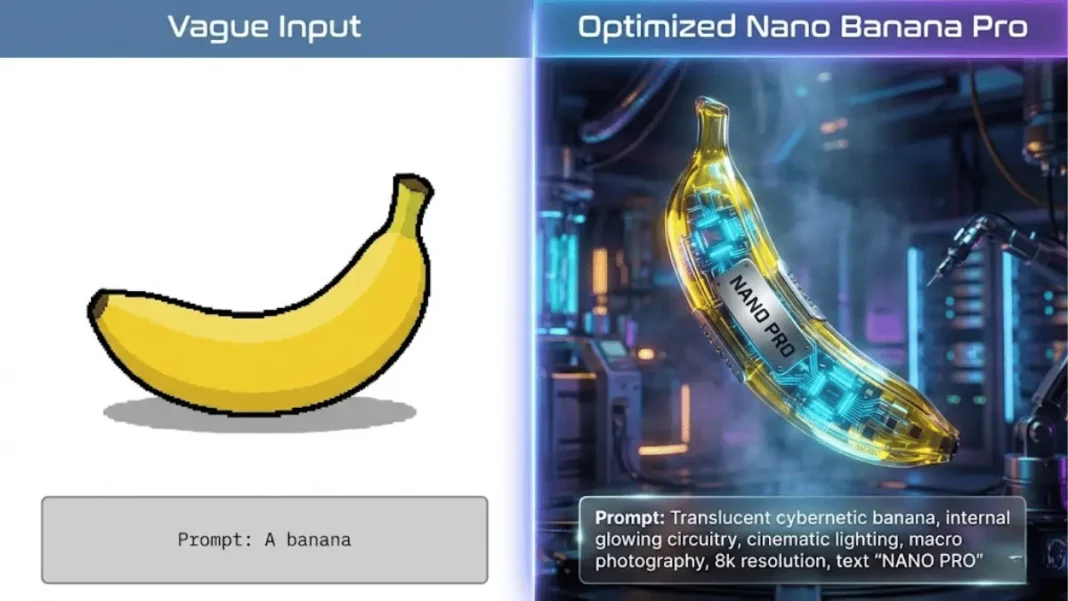 Side-by-side comparison showing vague vs optimized Nano Banana Pro prompts with resulting AI-generated images